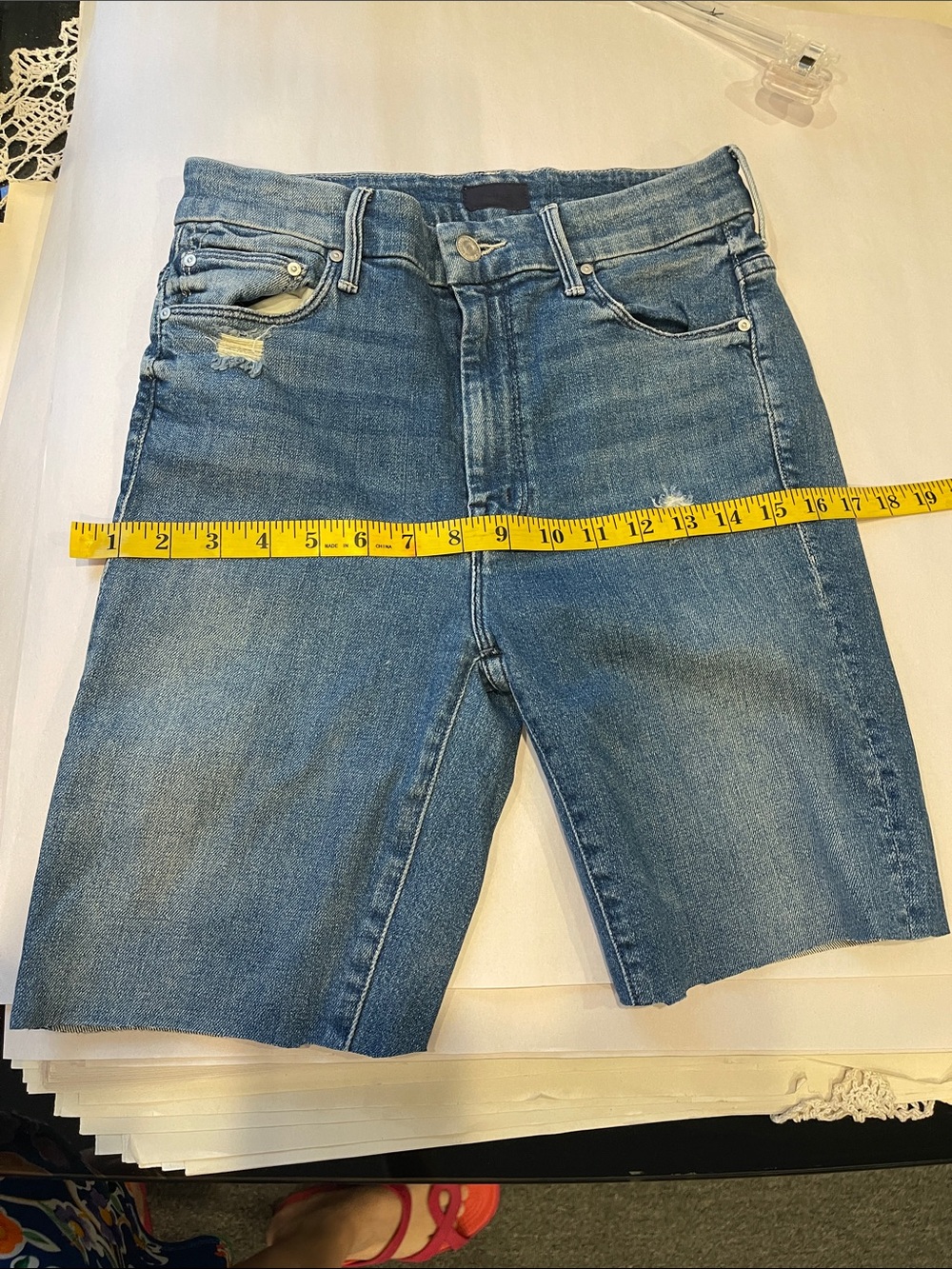 MOTHER Distressed Blue Denim Jean Shorts | Size 27 Rainbow Learning to Hula Wash - Picture 9 of 13